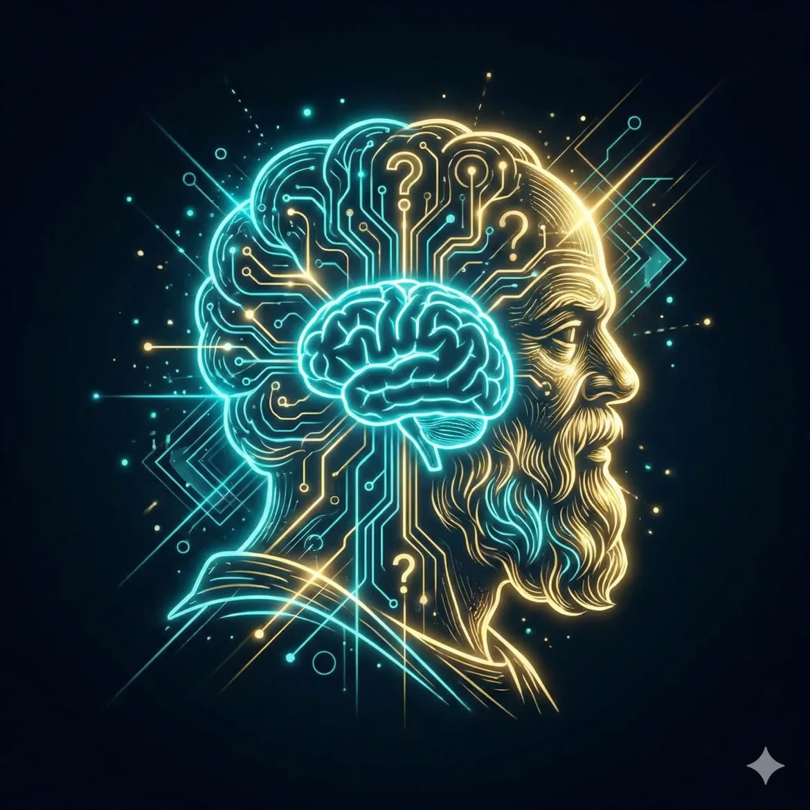 Ilustração digital de um cérebro humano conectado a uma rede neural luminosa em formato de busto grego, representando como usar o ChatGPT para estudar com o método socrático e inteligência artificial.