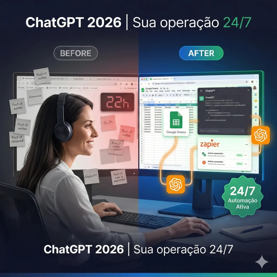 Mulher especialista em IA olha para tela dividida mostrando antes (caos) e depois (automação com ChatGPT, Google Sheets e Zapier) lado a lado, representando como usar ChatGPT em 2026 para ganhar produtividade com prompts e automação sem código.
