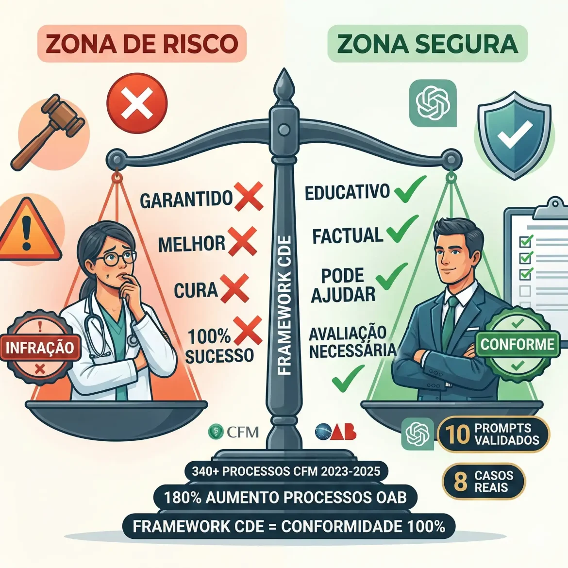 Infográfico mostrando balança dividindo conteúdo permitido versus infração para médicos e advogados usando IA, com framework CDE garantindo conformidade CFM e OAB através de 10 prompts éticos validados.