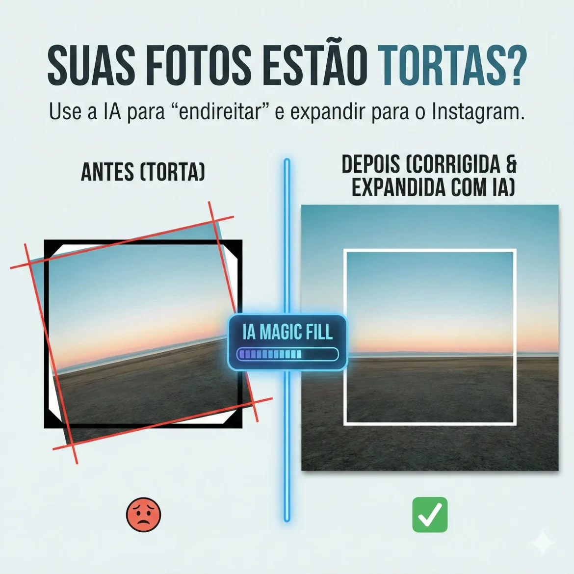 Comparação visual em três etapas mostrando foto de praia inclinada sendo corrigida e expandida com IA usando método REG para formato Instagram 4:5, com áreas geradas indistinguíveis do original.