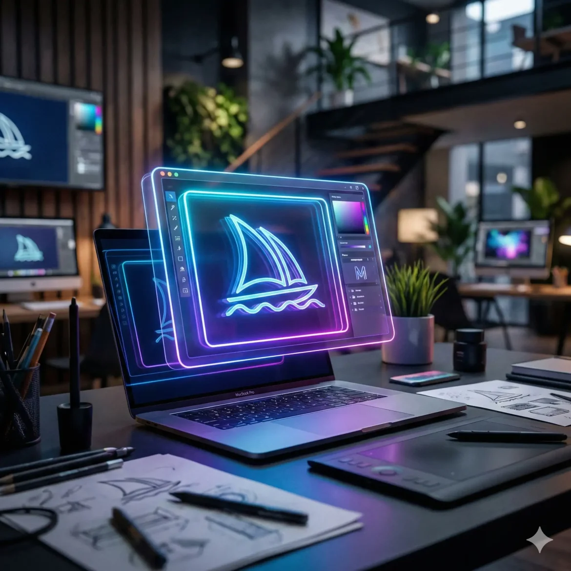 Interface do Midjourney mostrando uma imagem ultra-realista de arquitetura moderna sendo gerada via prompt.