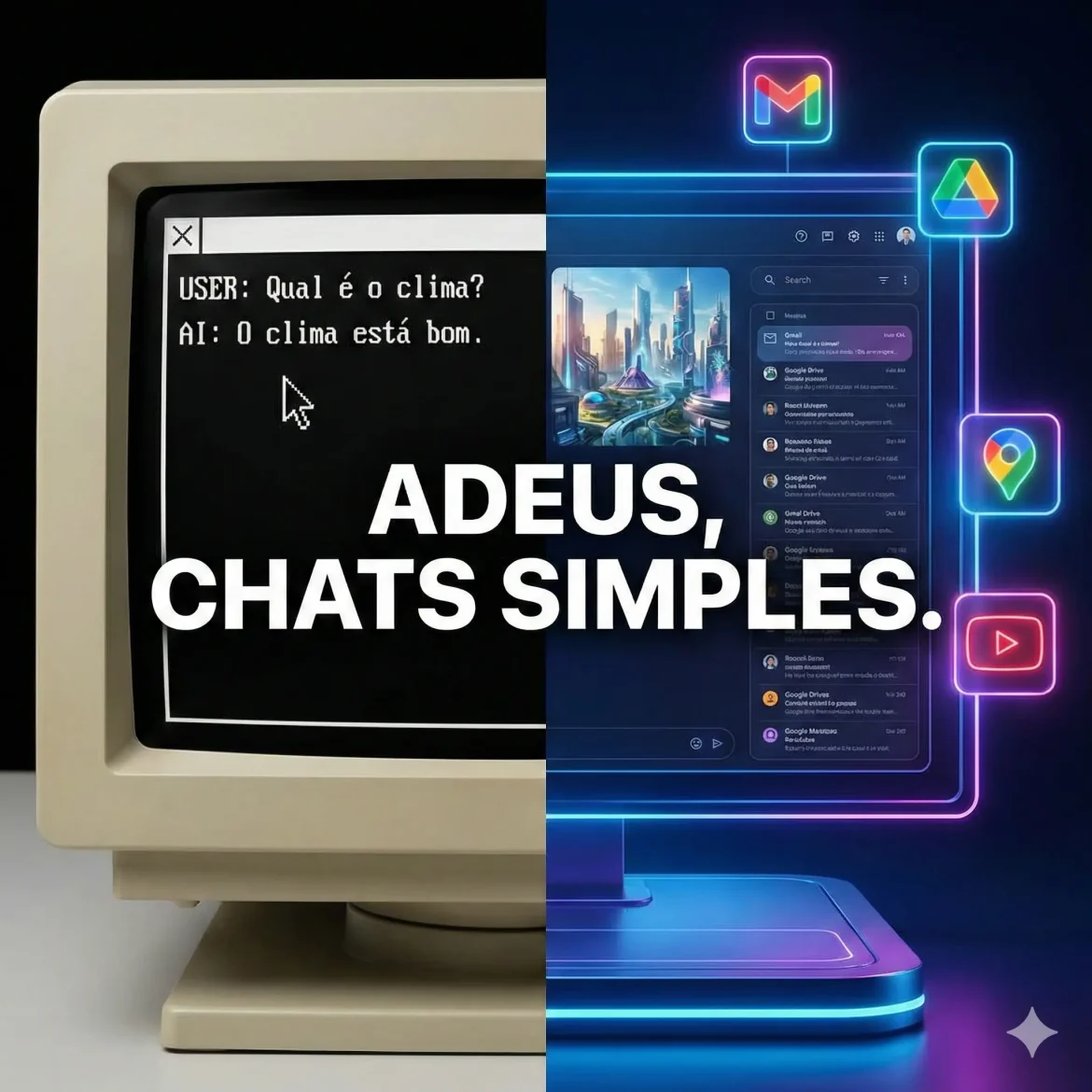 Gráfico ilustrando o ecossistema do Google Gemini: integração entre chat de inteligência artificial, Gmail, Google Drive e YouTube para produtividade.