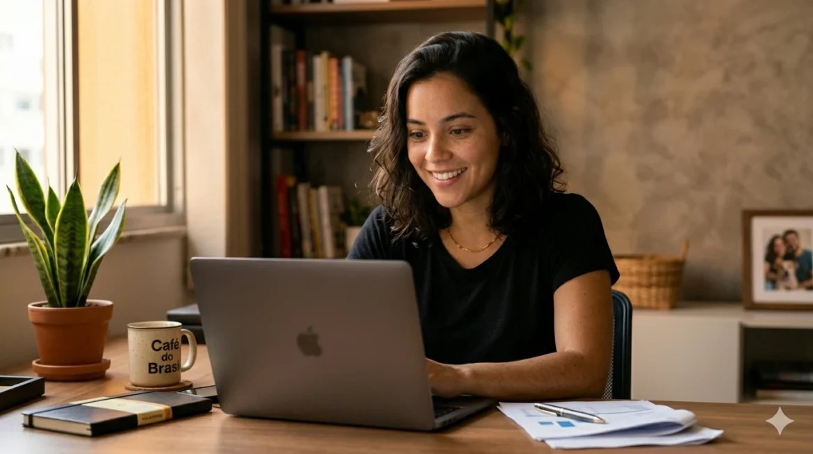 Mulher aliviada com notebook após declarar IR 2026 com IA