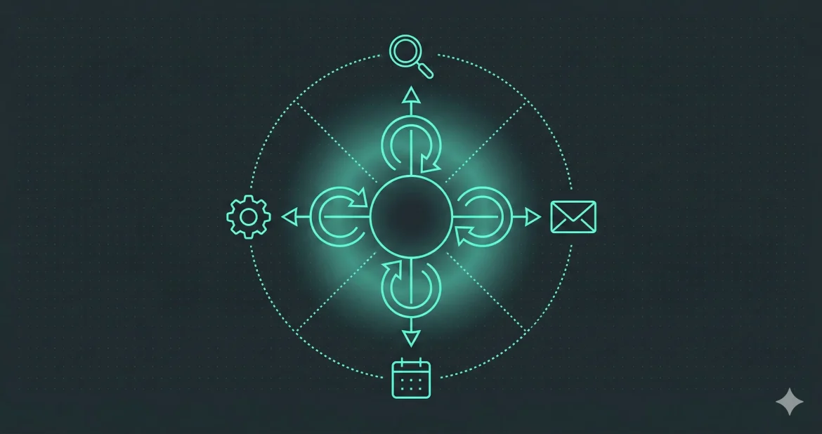 diagrama IA agêntica executando tarefas autônomas em loop.