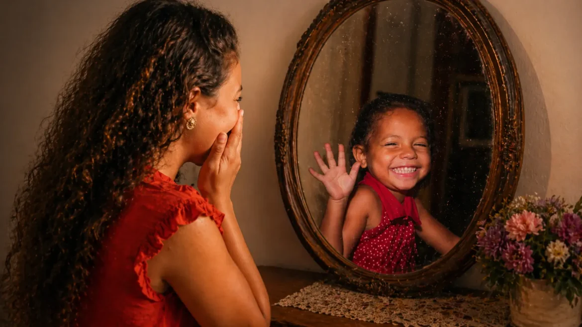 Criança e adulto separados por relógio antigo sob luz nostálgica do ChatGPT