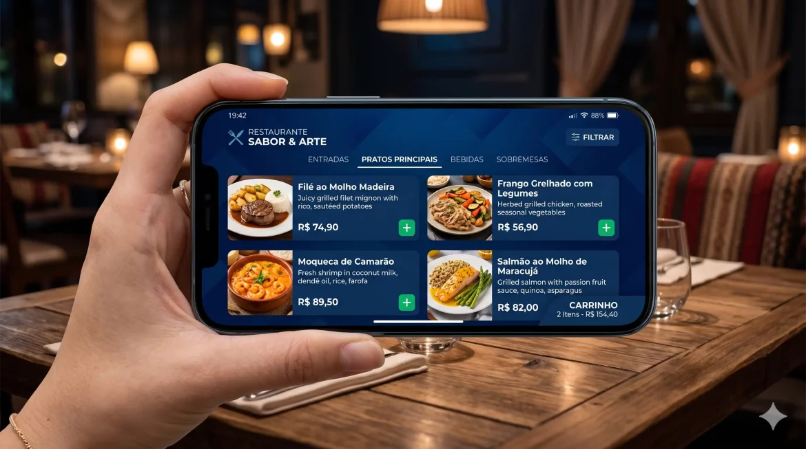 Smartphone exibindo cardápio digital com texto perfeito gerado pelo ChatGPT Image 2