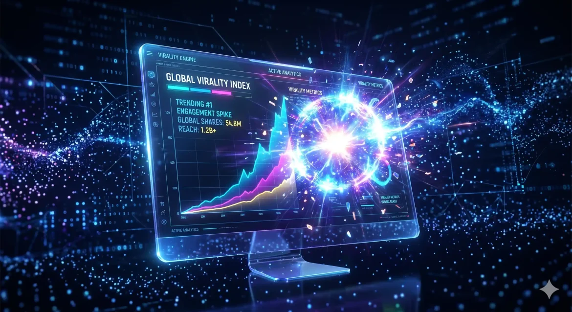 Tela futurista com gráfico viral subindo e esfera de luz azul intensa simbolizando IA que acha tema viral