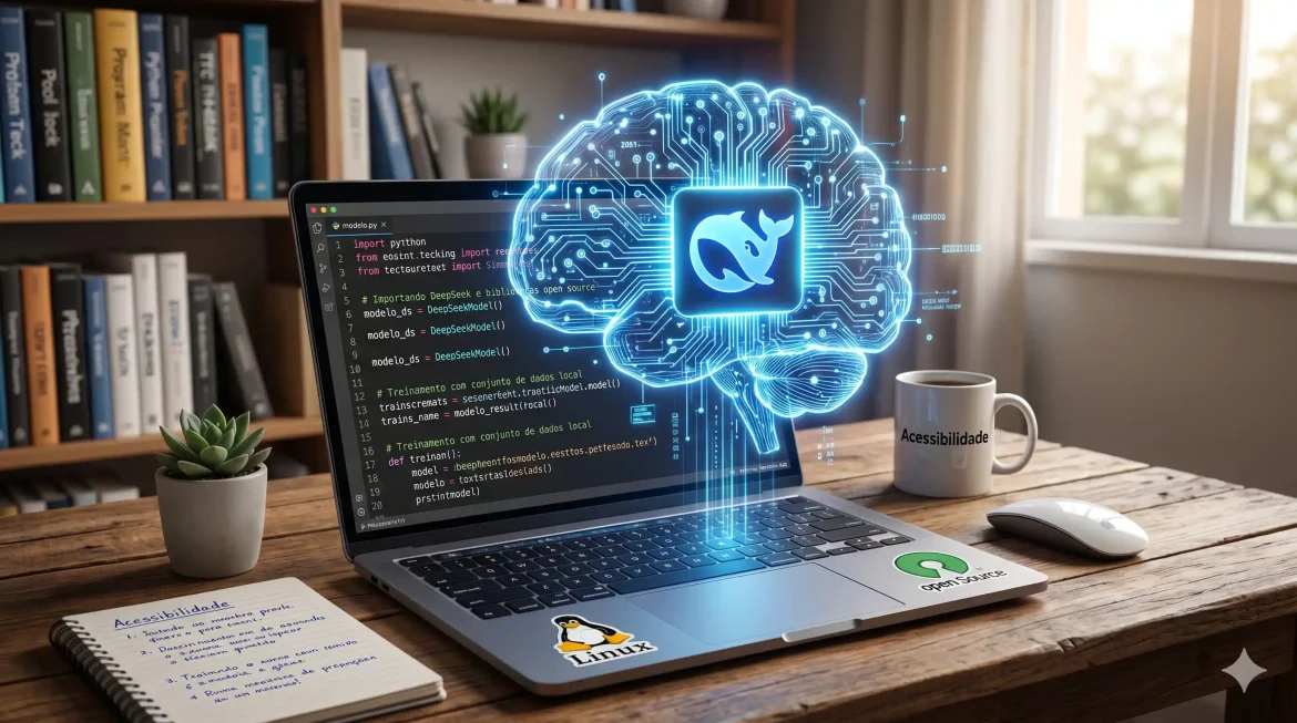 Cérebro digital com circuitos azuis brilhantes, símbolo do DeepSeek, flutuando sobre um notebook aberto com código em português na tela, atmosfera de tecnologia acessível e open source