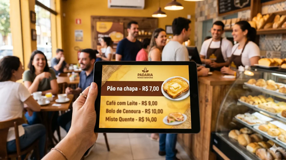 Close de uma mão segurando um cardápio digital numa tela de tablet. Sobre a tela, texto "Pão na chapa - R$ 7,00" perfeitamente legível em português. Ao fundo, uma padaria brasileira desfocada. Clientes sorrindo atendidos. Fundo amarelo e marrom. Cena comercial e acolhedora.