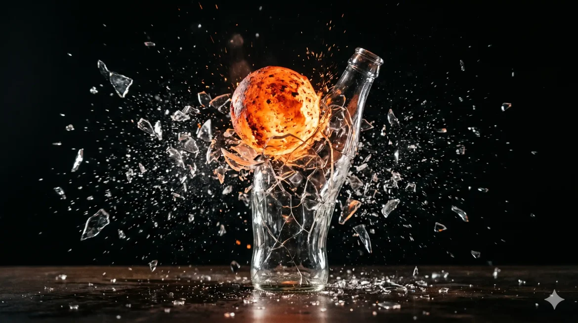 Bola de ferro incandescente caindo em câmera lenta sobre garrafa de vidro, estilhaços congelados no ar, fundo preto, iluminação dramática, estilo cinematográfico, 16:9