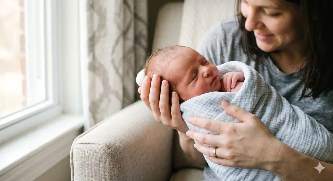 Mãos de mãe segurando bebê recém-nascido em luz natural — prompt Gemini newborn menino