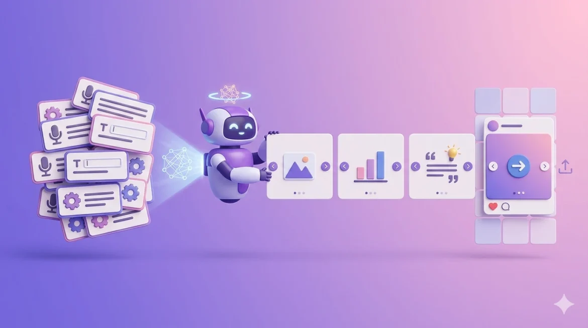 Sequência de IA virando slides de carrossel publicados no Instagram com claude para instagram prompts