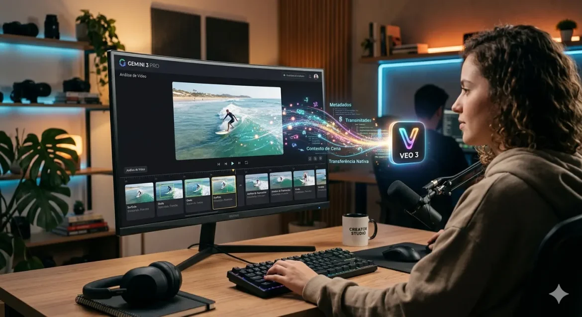 Interface do Gemini 3 Pro com um vídeo sendo analisado quadro a quadro, fluxo de dados visual conectando a um ícone do Veo 3, ambiente de criação de conteúdo digital com atmosfera de tecnologia acessível
