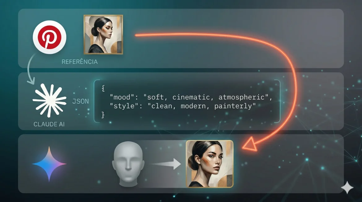 câmera conectada a JSON e Pinterest com IA gerando imagem