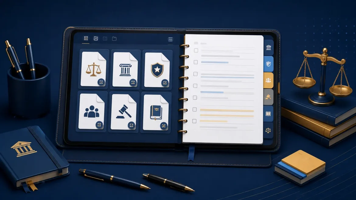 Caderno digital com documentos de lei organizados para estudo concurso público.