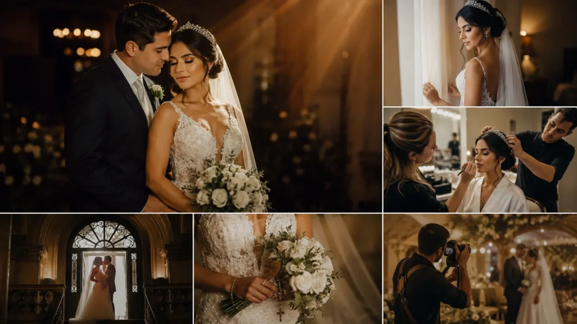 Noiva casal e making‑of com luz cinematográfica prompt fotos de casamento