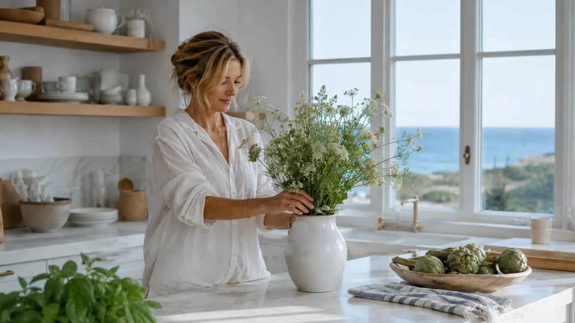 Cozinha branca ervas frescas linho coastal grandmother aesthetic