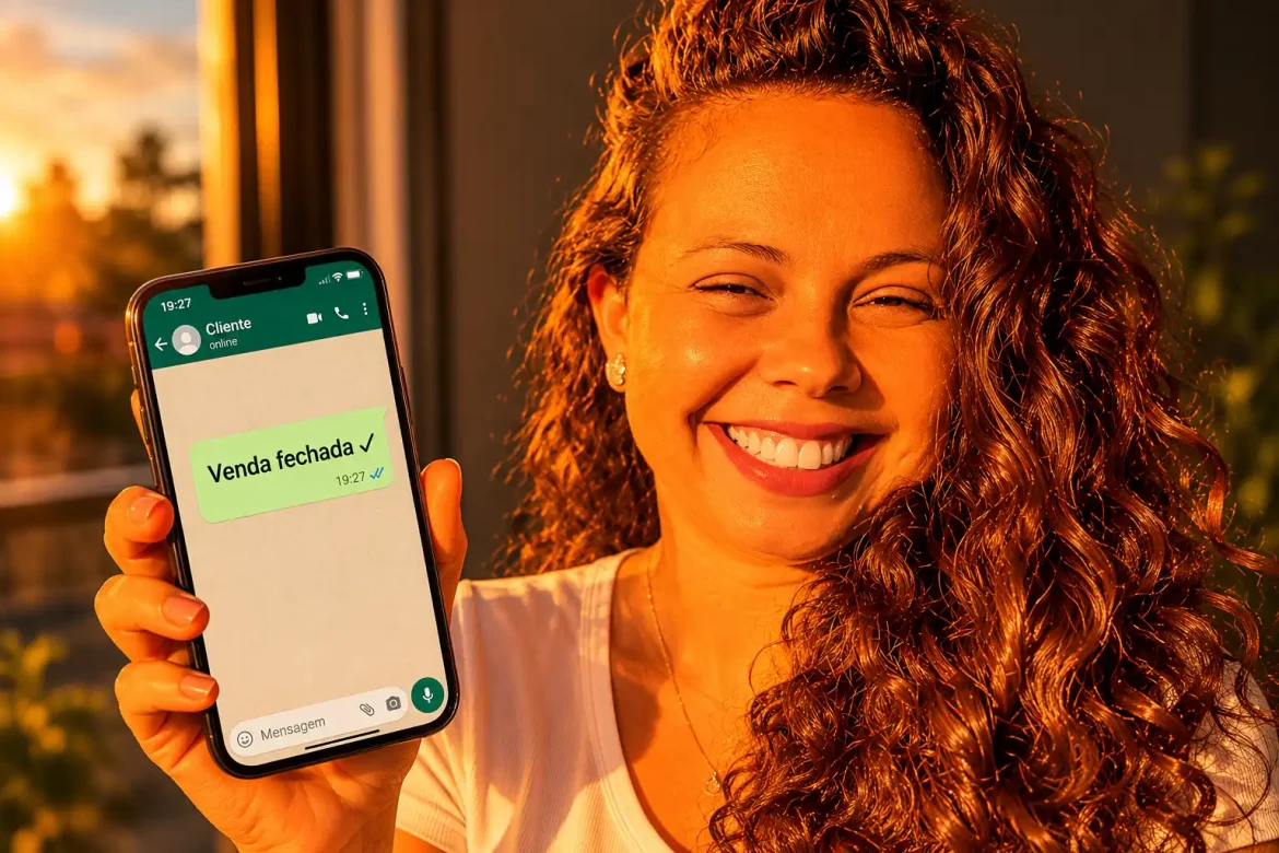 Smartphone com WhatsApp confirmando venda fechada prompts ChatGPT