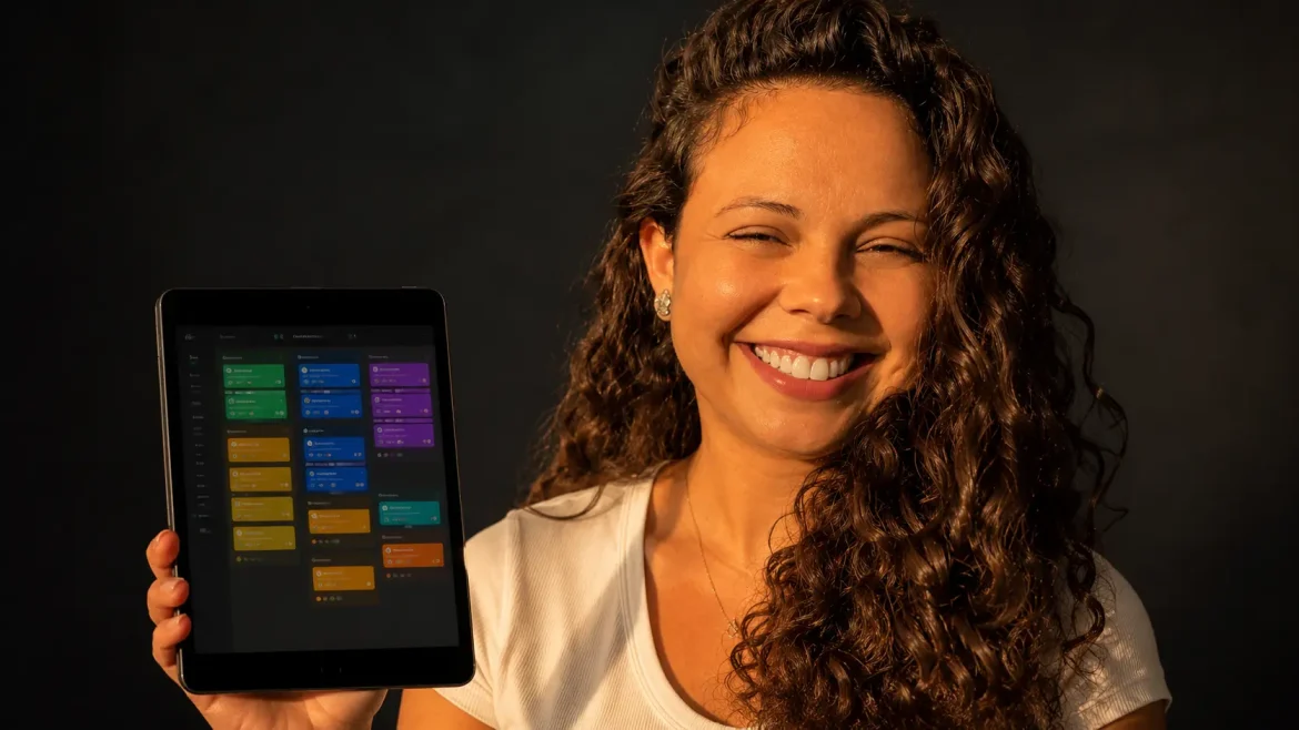 Mão segurando painel digital com processos organizados — ChatGPT bastidores negócio