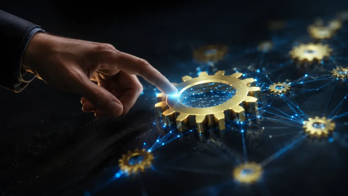 Mão ativando engrenagem digital conectada representando automação de processos com IA