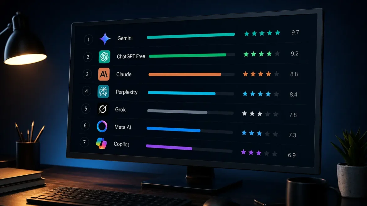 Tela com ranking de ferramentas digitais iluminadas simbolizando melhores IAs gratuitas criar conteúdo 2026.
