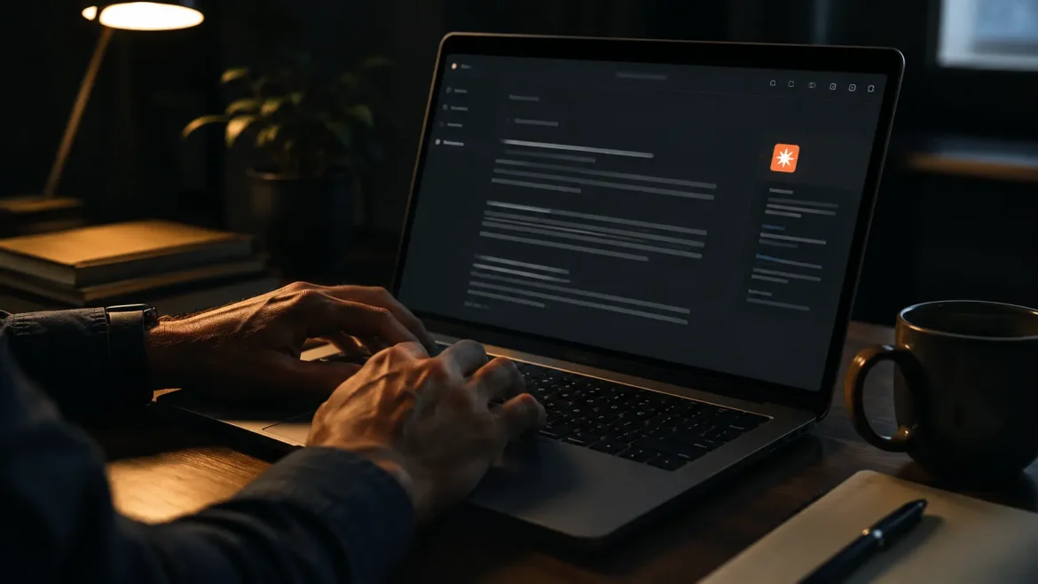 Mãos digitando e-mail no notebook com assistência do Claude IA