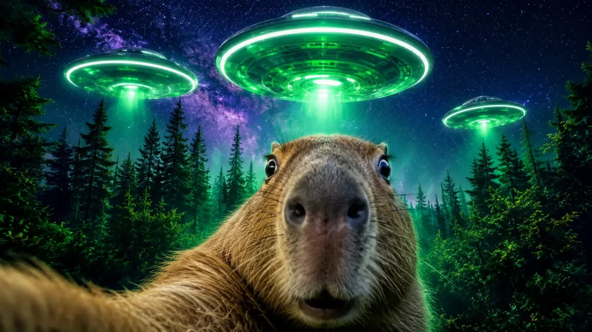 Selfie choque UFOs neon floresta noturna estrelada selfies UFOs