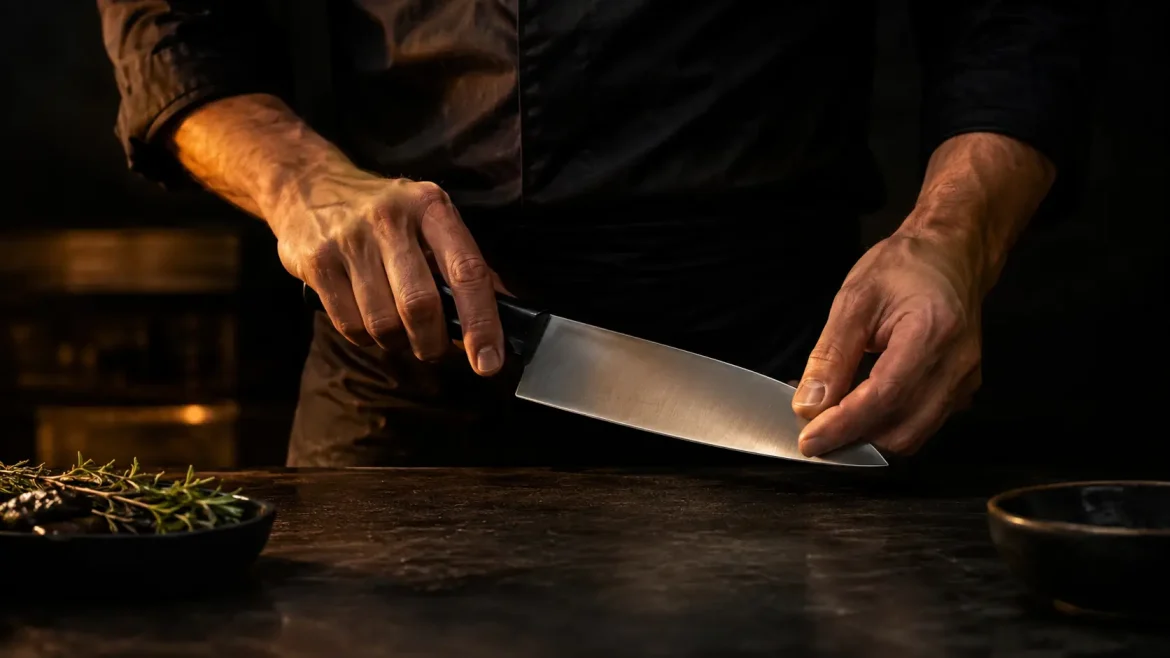 Chef em cozinha intensa com olhar tenso perfeccionismo autossabotagem