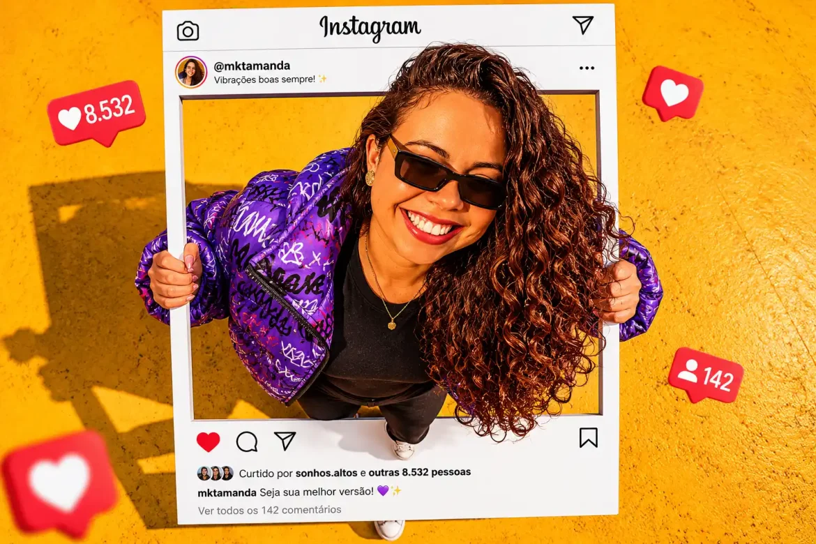 Pessoa saindo tela Instagram fisheye sombras reais ilusão 3D