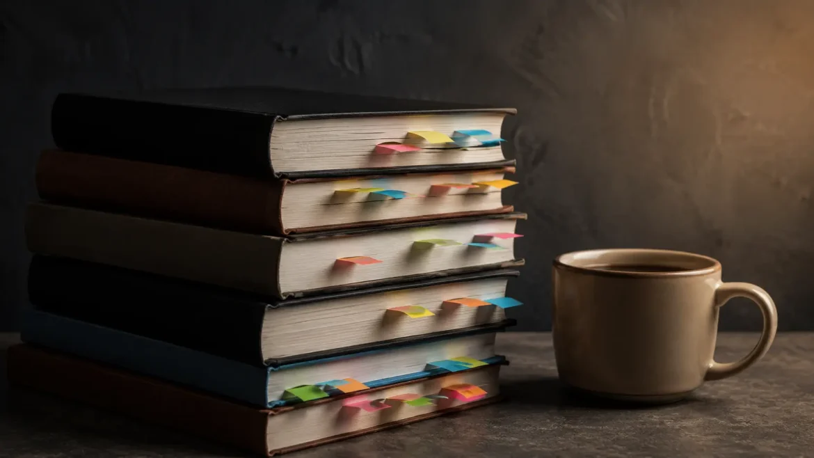 Pilha de livros marcados nunca aplicados representando desenvolvimento pessoal sem resultado