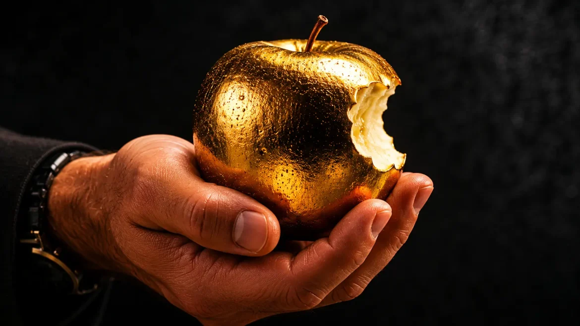 Mão segurando maçã dourada brilhante símbolo do Steve Jobs demitido