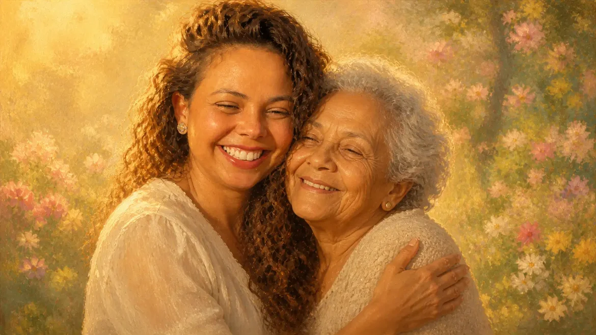 Uma mulher adulta abraçada com sua mãe idosa, estilo pintura a óleo suave, luz dourada de fim de tarde, expressão de amor e gratidão, fundo com jardim de primavera desfocado, tons pastéis quentes, proporção 16:9