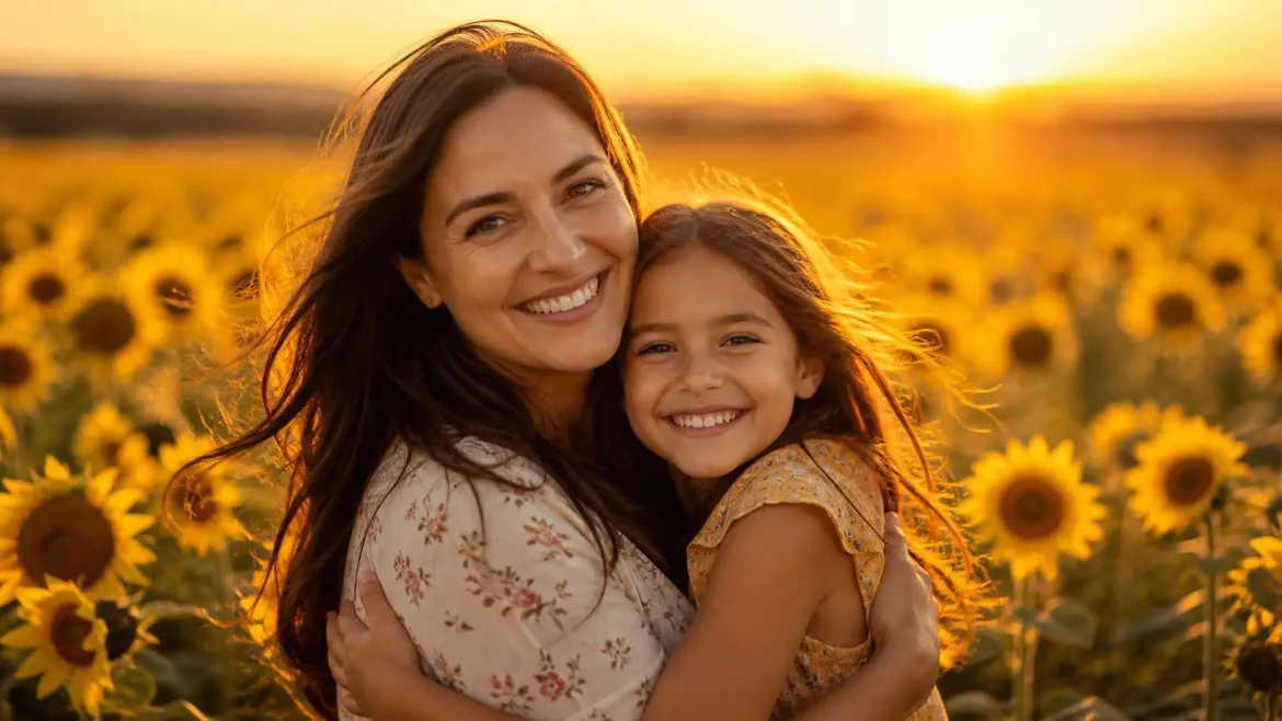 Mãe e filha abraçadas sorrindo com campo de girassóis prompts Dia das Mães