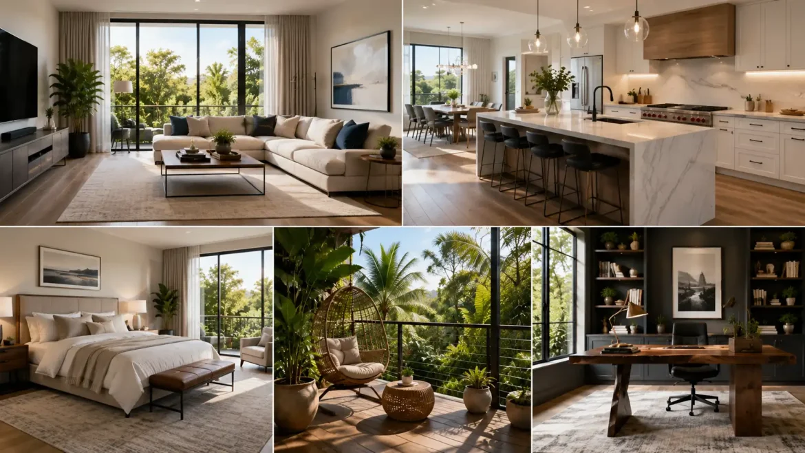 Cinco ambientes decorados com realismo profissional prompt arquitetura e interiores