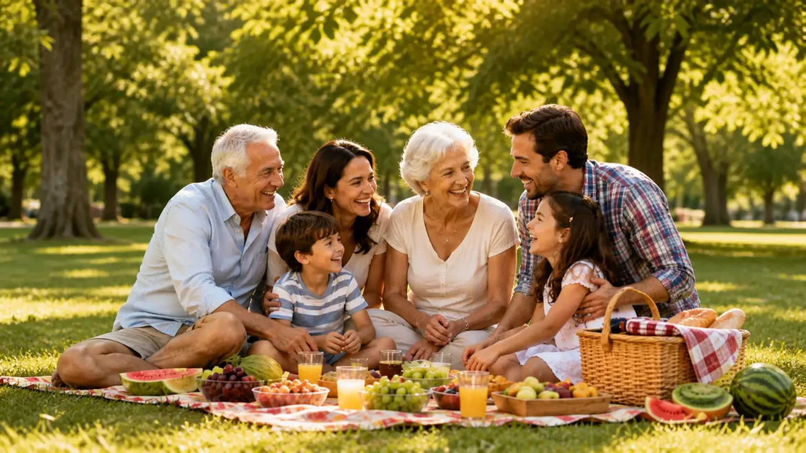Família feliz em piquenique praia e parque com prompt foto de família.