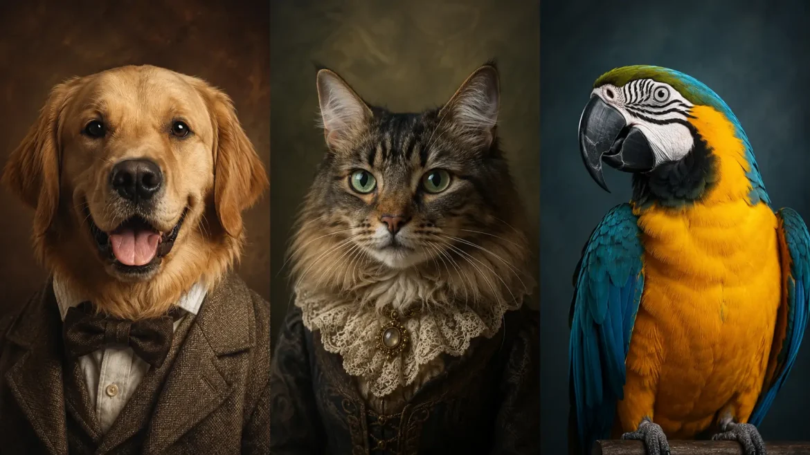 Cachorro gato e arara em retratos artísticos com prompt fotos de pets