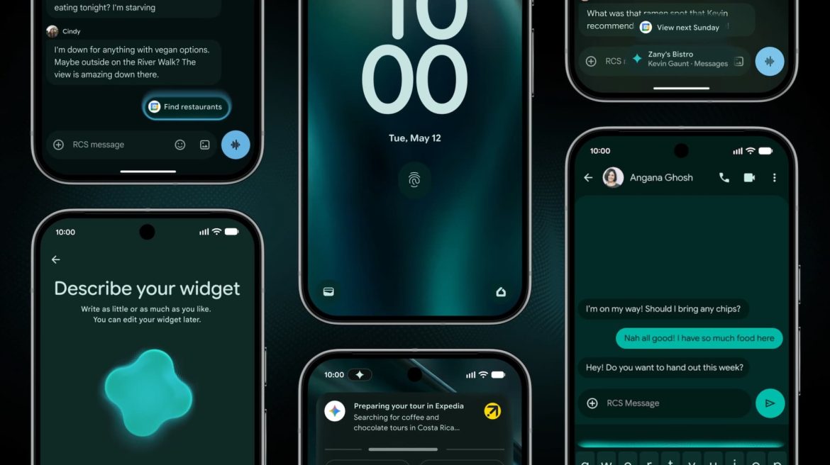 Smartphone flutuando com interface holográfica azul ativando o Gemini Intelligence