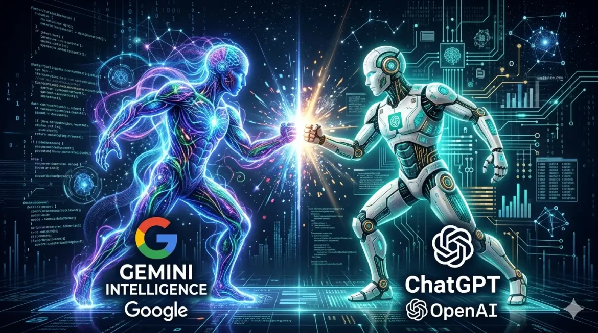 Dois ícones brilhantes lado a lado, um com as cores do Google e outro com as da OpenAI, fundo escuro com partículas de IA