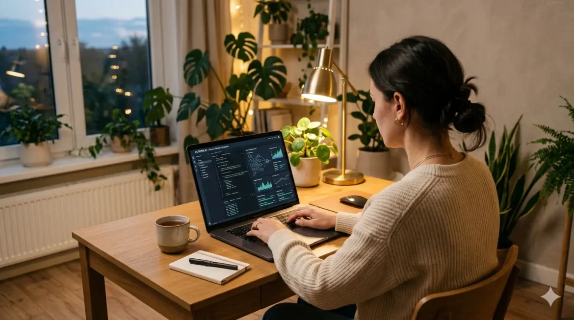 Mesa minimalista com laptop aberto e ambiente tranquilo para trabalhos com IA