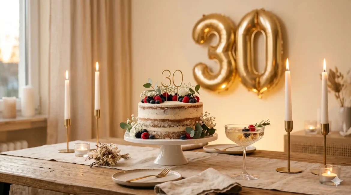 Mesa de aniversário com bolo e balão dourado número 30 sob luz quente de velas aniversário