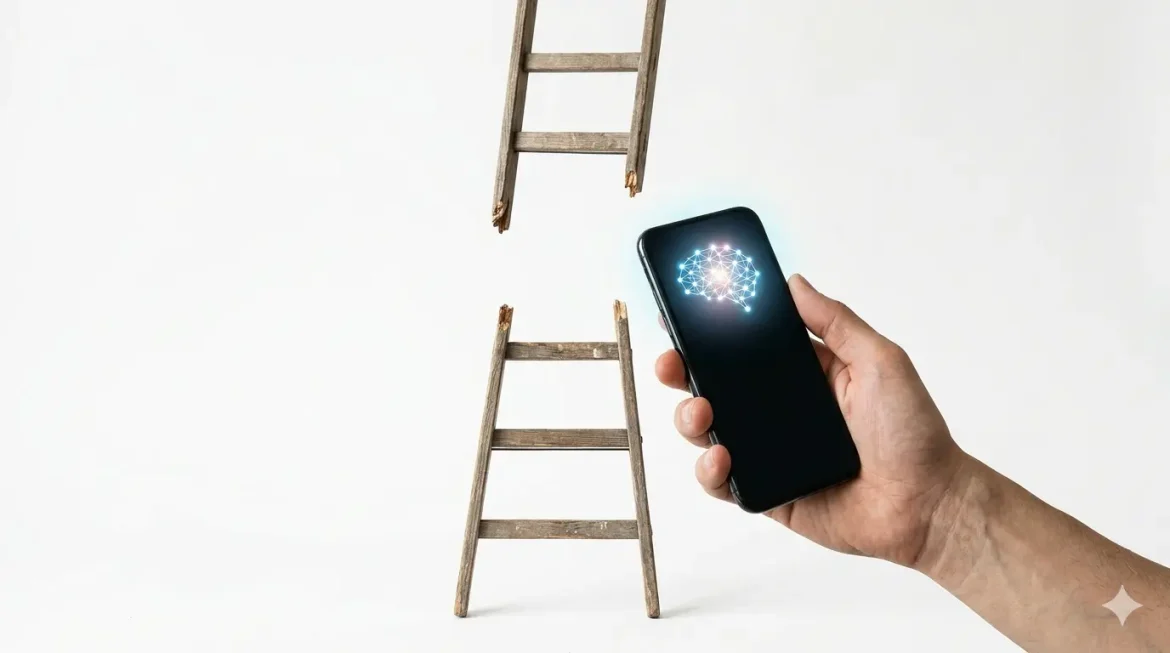 Escada quebrada e smartphone com IA simbolizando fracasso ao ganhar dinheiro com IA