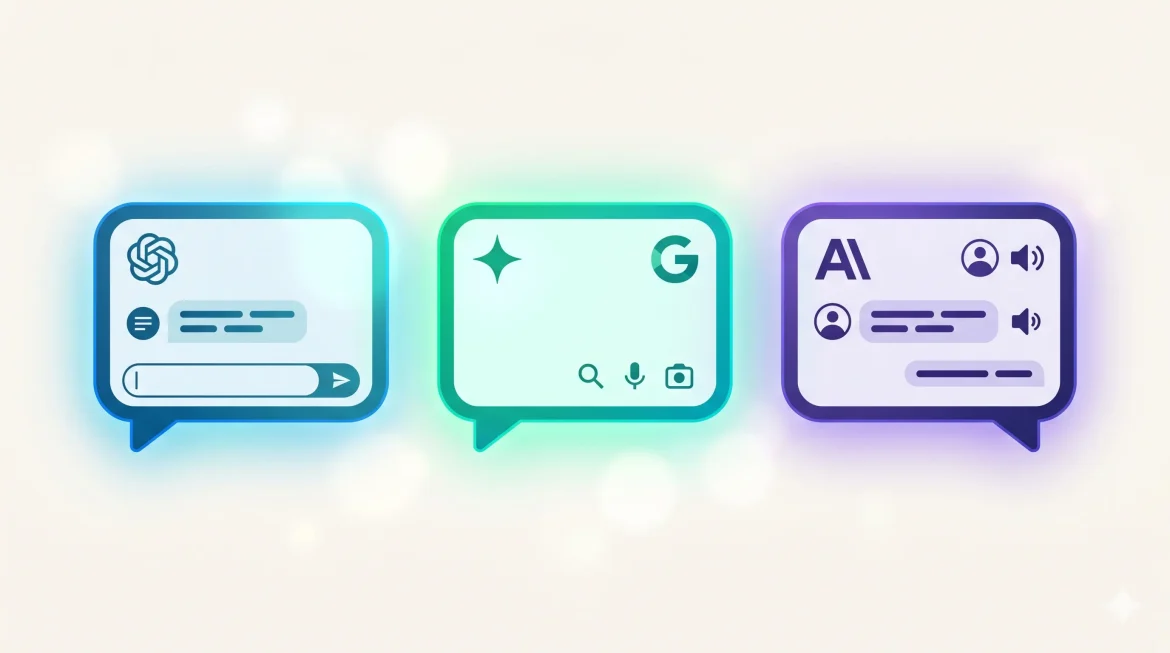 Três interfaces de chat iluminadas representando inteligência artificial para iniciantes