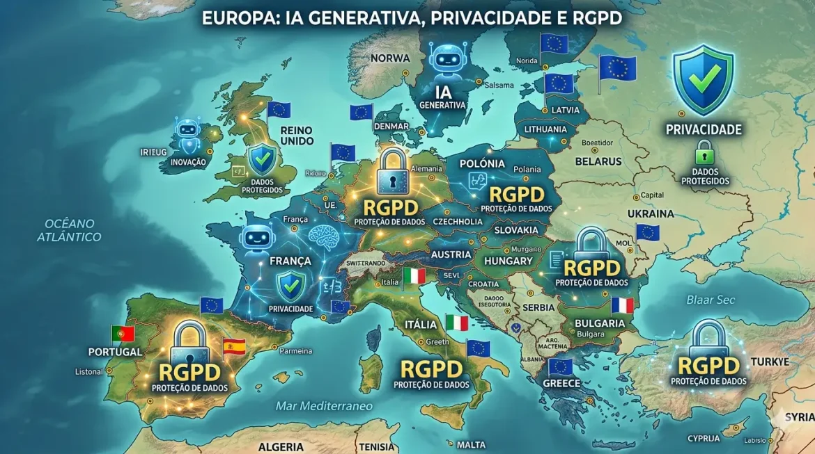 Mapa da Europa com cadeados protegendo prompts para usar IA na Europa