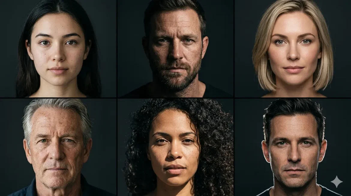 Seis retratos fotorrealistas gerados por diferentes ferramentas de geradores de imagem IA