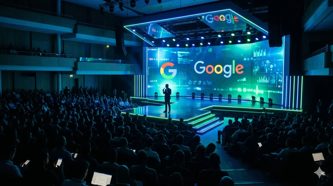 Palco iluminado em azul com audiência animada no Google I/O 2026