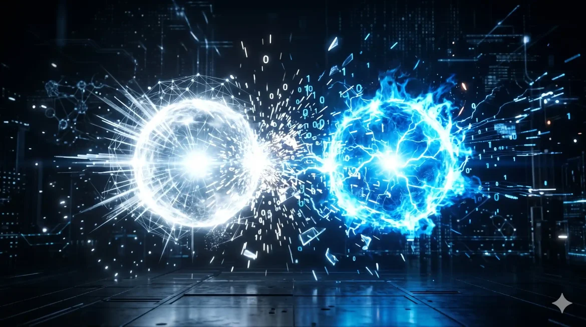 Dois orbes digitais em confronto representando GPT-5 vs Gemini