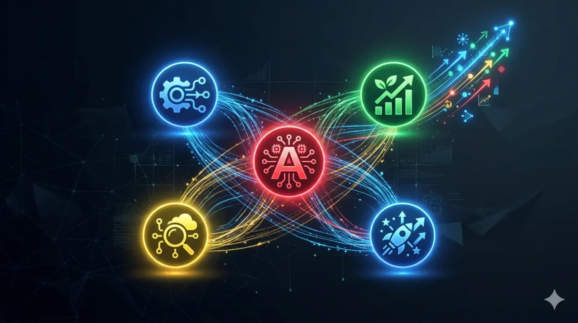 Agentes de IA interconectados em fluxo digital representando ferramentas de IA