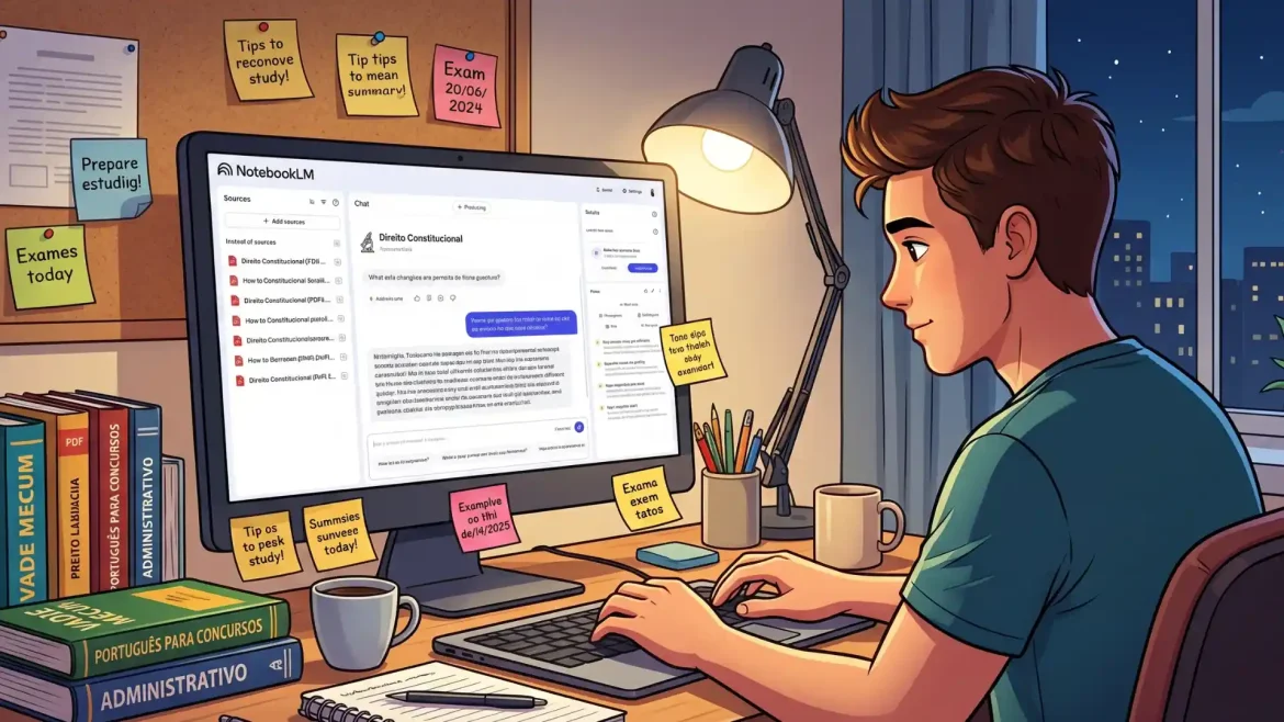 12 prompts prontos para usar no NotebookLM para concursos públicos. Gere quizzes, resumos e simulados a partir do seu próprio edital. Gratuito e sem cadastro.