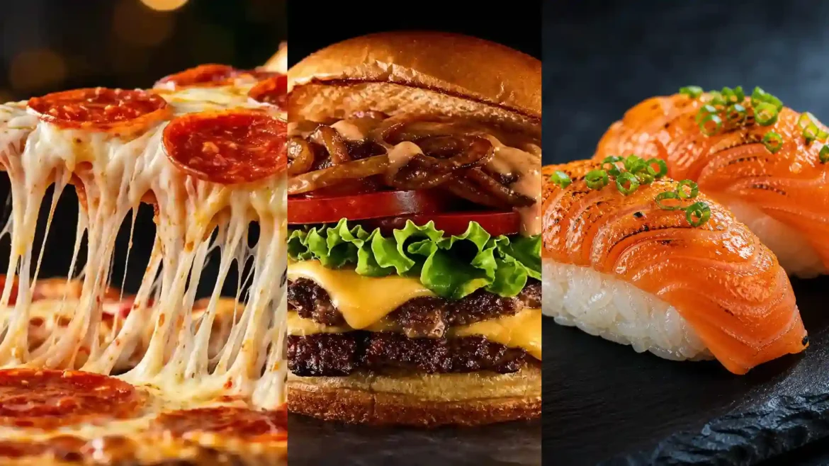 15 prompts para fotos de comida delivery com aparência de estúdio gastronômico. Gere imagens de pizza, hambúrguer, sushi e sobremesa que vendem no iFood.
