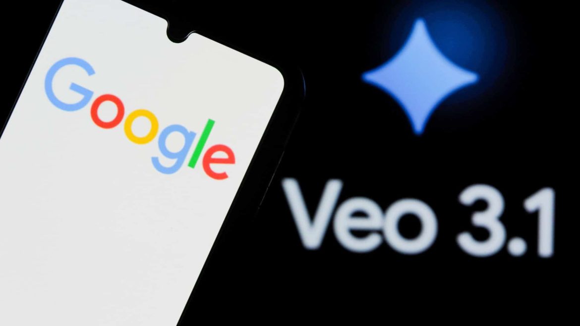 Interface cinematográfica de IA gerando vídeo com Veo 3.